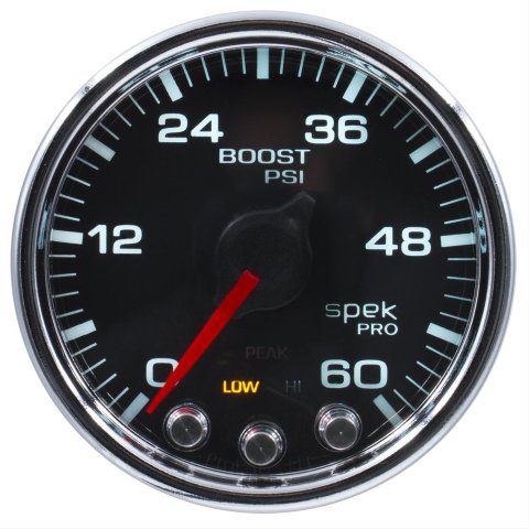 Autometer Spek-Pro Gauge Boost 2 1/16in 60psi Stepper Motor W/Peak & Warn Blk/Chrm