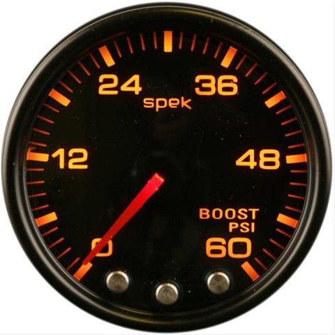 Autometer Spek-Pro Gauge Boost 2 1/16in 60psi Stepper Motor W/Peak & Warn Blk/Smoke/Black