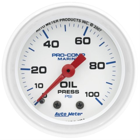 Autometer Marine White 2 1/16in 100 psi Mechanical Oil Pressure Gauge
