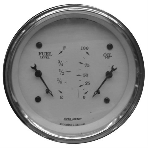 AutoMeter Gauge Dual Fuel & Oilp 3-3/8in. 0 Ohm(e) to 90 Ohm(f)& 100PSI Elec Old Tyme White