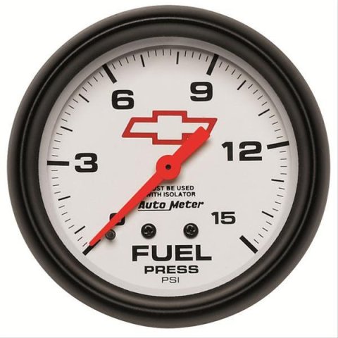 AutoMeter Gauge Fuel Press 2-5/8in. 15PSI Mech W/Isolator Chevy Red Bowtie White