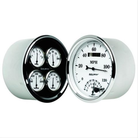 AutoMeter Gauge Kit 2 Pc. Quad & Tach/Speedo 5in. Old Tyme White II