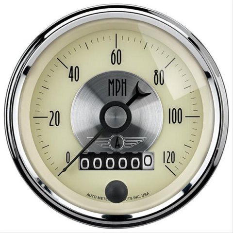 AutoMeter Gauge Speedo 3-3/8in. 120MPH Elec. Program W/Wheel Odo Prestige Antique. Ivory