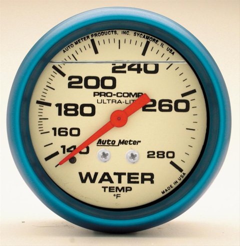 AutoMeter Gauge Wtemp 2-5/8in. 140-280 Deg. F Liq Filled Mech 4ft. Glow In Dark Ultra-Nite