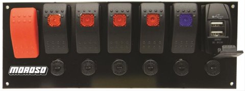 Moroso Rocker Switch Panel - Flat Surface Mount - LED w/USB - 3.388in x 9.15in -Five On/Off Switches