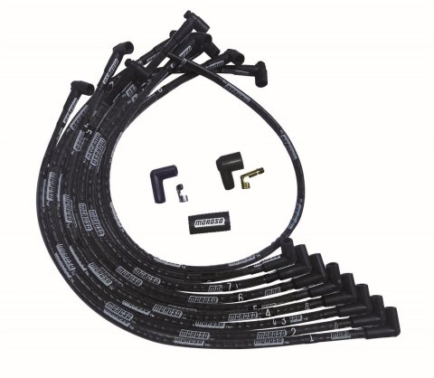 Moroso SBC Over Valve Cover 90 Deg Plug End HEI Sleeved Ultra Spark Plug Wire Set - Black