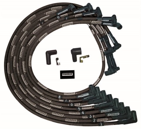 Moroso SBC Under Header 90 Deg Plug End HEI Sleeved Ultra Spark Plug Wire Set - Black