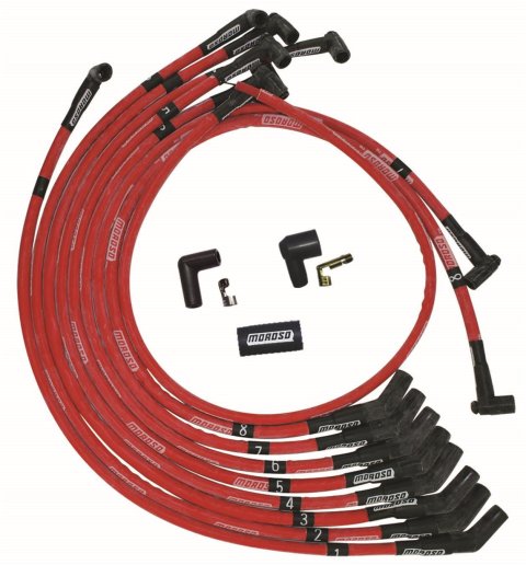 Moroso SB Ford 351W 135 Deg Plug Boots HEI Sleeved Ultra Spark Plug Wire Set - Red