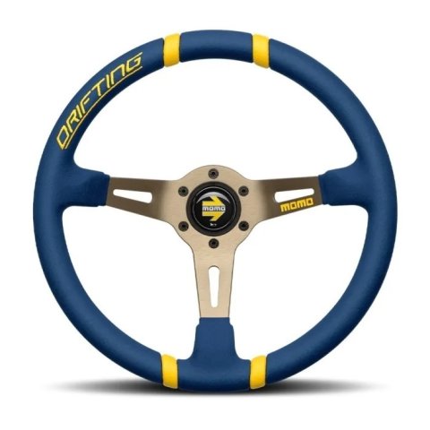MOMO Drifting 350 Diam 90 Dish Blue Microfiber Anthracite Spokes Yellow Inserts