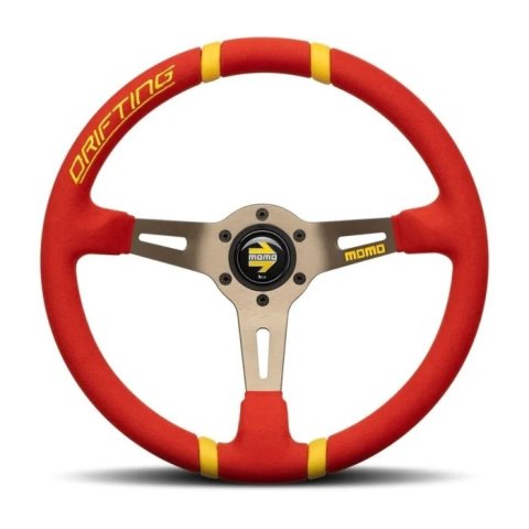 MOMO Drifting 350 Diam 90 Dish Red Microfiber Anthracite Spokes Yellow Inserts