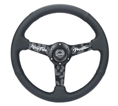 NRG Reinforced Black Perforated Leather Steering Wheel 350mm / 1.5in Deep w/ Goal Digger Blk Stitch