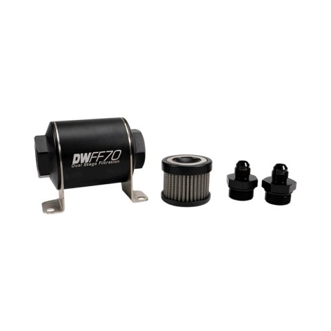 DeatschWerks Stainless Steel 6AN 10 Micron Universal Inline Fuel Filter Housing Kit (70mm)