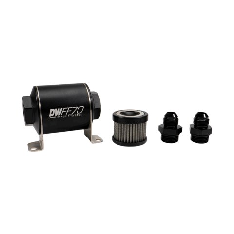 DeatschWerks Stainless Steel 8AN 10 Micron Universal Inline Fuel Filter Housing Kit (70mm)