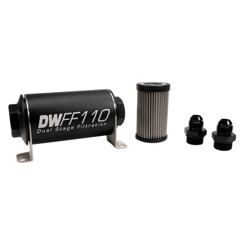 DeatschWerks Stainless Steel 8AN 10 Micron Universal Inline Fuel Filter Housing Kit (110mm)