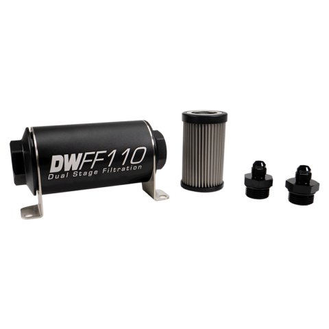 DeatschWerks Stainless Steel 6AN 100 Micron Universal Inline Fuel Filter Housing Kit (110mm)
