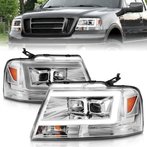 ANZO 2004-2008 Ford F-150 Projector Headlights w/ Light Bar Chrome Housing