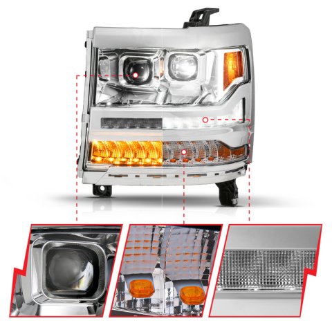 ANZO 16-18 Chevy Silverado 1500 (Factory HID Models ONLY) Full LED Proj Headlights Chrome - Pair