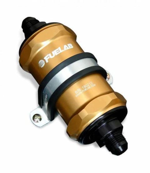 Fuelab 848 In-Line Fuel Filter Standard -8AN In/Out 6 Micron Fiberglass w/Check Valve - Gold