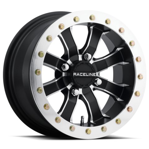 Raceline A71 Mamba 14x7in/4x156 BP/4+3 10mm Offset/132.5mm Bore - Blk & Machined Ring Beadlock Wheel