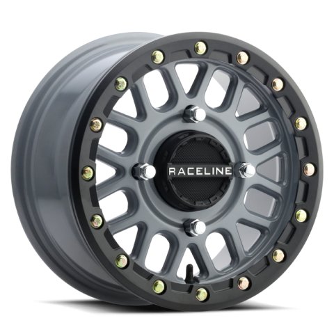 Raceline A93SG Podium 14x7in/4x156 BP/10mm Offset/132.5mm Bore - Grey & Black Ring Beadlock Wheel
