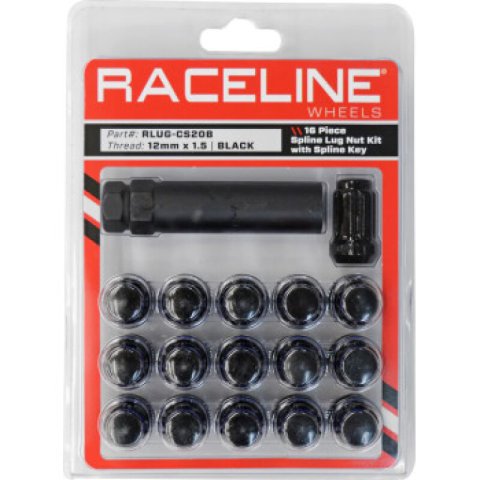 Raceline Spline Lug Nut Kit with Spline Key 12 x 1.5 - 16 Pack - Black
