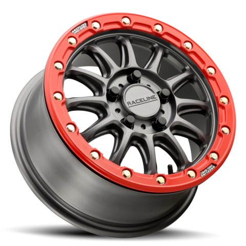 Raceline A14GR Alpha 15x7in/4x156 BP/10mm Offset/132.5mm Bore - Gunmetal & Red Ring Beadlock Wheel