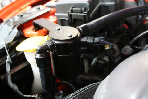 J&L 15-23 Ford Mustang GT/15-20 Ford Mustang GT350 Passenger Side Oil Separator 3.0 - Black Anodized
