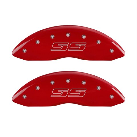 MGP 4 Caliper Covers Engraved Front & Rear Avalanche style/SS Red finish silver ch