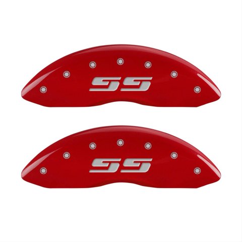 MGP Front set 2 Caliper Covers Engraved Front Silverado style/SS Red finish silver ch