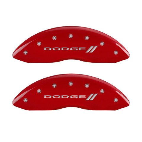 MGP 4 Caliper Covers Engraved Front & Rear With stripes/Dodge Red finish silver ch