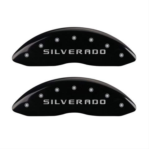 MGP Front set 2 Caliper Covers Engraved Front Silverado Black finish silver ch