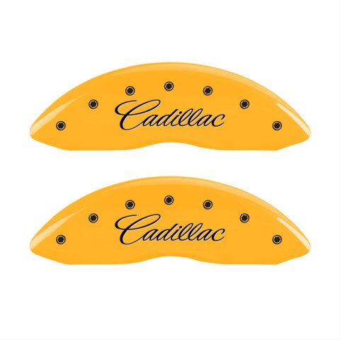 MGP 4 Caliper Covers Engraved Front Cursive/Cadillac Engraved Rear CTS Yellow finish black ch