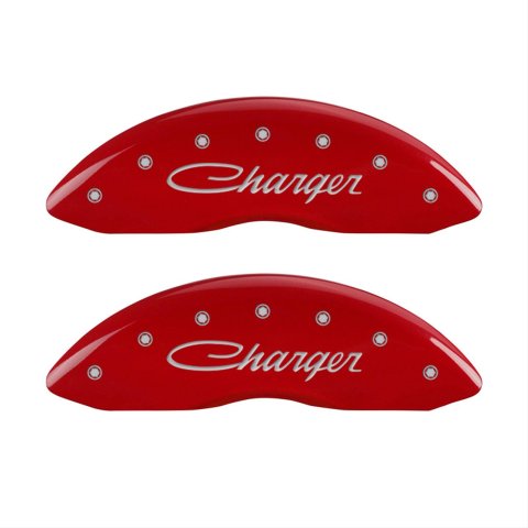 MGP 4 Caliper Covers Engraved Front & Rear Cursive/Charger Red finish silver ch