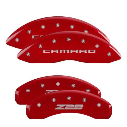 MGP 4 Caliper Covers Engraved Front Gen 5/Camaro Engraved Rear Gen 5/Z28 Red finish silver ch