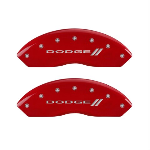 MGP 4 Caliper Covers Engraved Front & Rear With stripes/Dodge Red finish silver ch