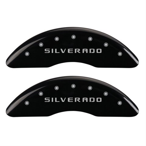 MGP 4 Caliper Covers Engraved Front & Rear Silverado Black finish silver ch