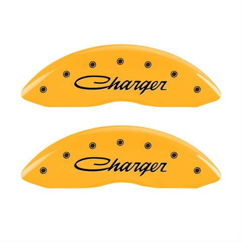 MGP 4 Caliper Covers Engraved Front & Rear Cursive/Charger Yellow finish black ch