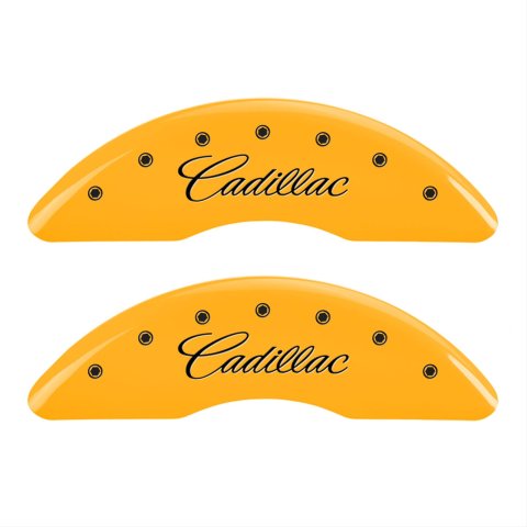 MGP 4 Caliper Covers Engraved Front Cursive/Cadillac Engraved Rear CTS Yellow finish black ch
