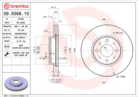 Brembo 1993 Volvo 850 Front Premium OE Equivalent Rotor