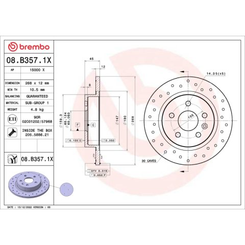 Brembo OE 2015 Chevrolet Cruze Drilled Xtra Brake Disc - Rear