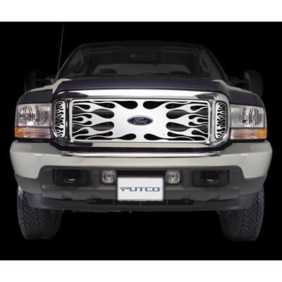 Putco 99-04 Ford SuperDuty w/ Logo CutOut (incl Side Vents) Flaming Inferno Stainless Steel Grille