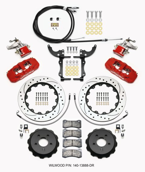 Wilwood AERO4 / MC4 Rear Kit 14.00 Drilled Red 15-23 Mustang w/Lines & Cables