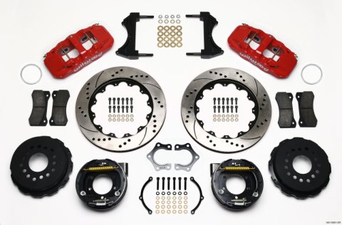 Wilwood AERO4 Rear P-Brake Kit 14.00in Drill Red Mopar/Dana 2.36in Off w/Snap Ring Bearing