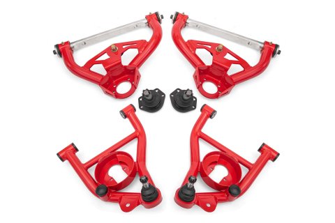 BMR Suspension A-Arms AAK462R Control Arms, Tubular, Front Upper, Front Lower, Tall Ball Joint, Steel, Red Powdercoated, Buick, Chevy, Oldsmobile, Pontiac, Kit