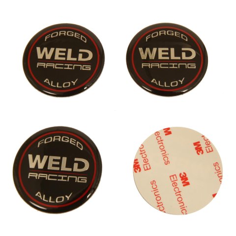 Weld Racing Replacement Center Cap Emblems 601-3010 Emblem, Forged Alloy Logo, 2 in. Diameter, Black/Silver/Red, Set of 4