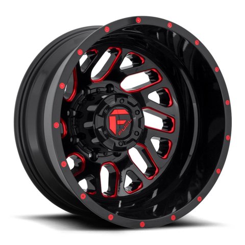 Fuel Off-Road Triton D656 Dually Gloss Black Wheels with Candy Red Accents 20x8.25 Wheel, D656, 20 x 8.25, Aluminum, Black, Accents, 8 x 165.1mm Bolt Pattern, -240mm Offset, -4.820 in. Backspace, Each
