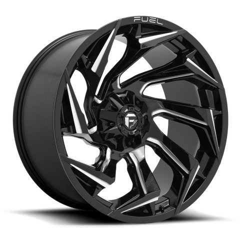 Fuel Off-Road Reaction D753 Gloss Black Wheels with Milled Accents 20x9 Wheels, D753, 20x9, Aluminum, 1-Piece, Gloss, Milled, 6 x 135mm/6 x 139.7mm/6 x 5.5 BP, +20mm Offset, Conical Lug, 2,500 lbs., Each