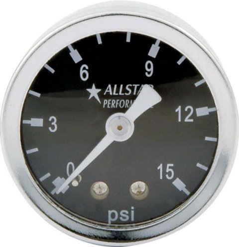 Allstar Performance Shockproof Pressure Gauges ALL80200 Gauge, Shockproof, Fuel Pressure, 0-15 psi, 1 1/2 in. Diameter, Analog, Full Sweep, Liquid-filled, Mechanical, Black Face, Stainless Steel Bezel, Each
