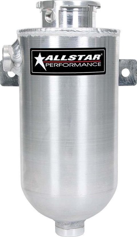 Allstar Performance Overflow Tanks ALL36115 Tank/Filler, 1 qt., Round, Aluminum, Natural, 3/8 in. NPT Inlets/1/2 in. NPT Outlet, Universal, Each