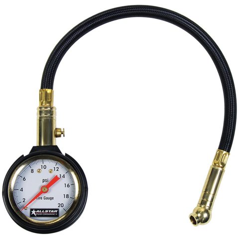 Allstar Performance Tire Gauges ALL44076 Pressure Gauge, Analog, 2 in. Diameter, 0-20 psi, 12 in. Hose, Bleed Valve, Each